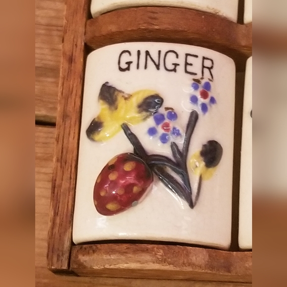 Vintage GNCO Japan WOODEN SPICE RACK w/ 6 Ceramic Fruit Themed Shakers / Jars - Picture 11 of 15